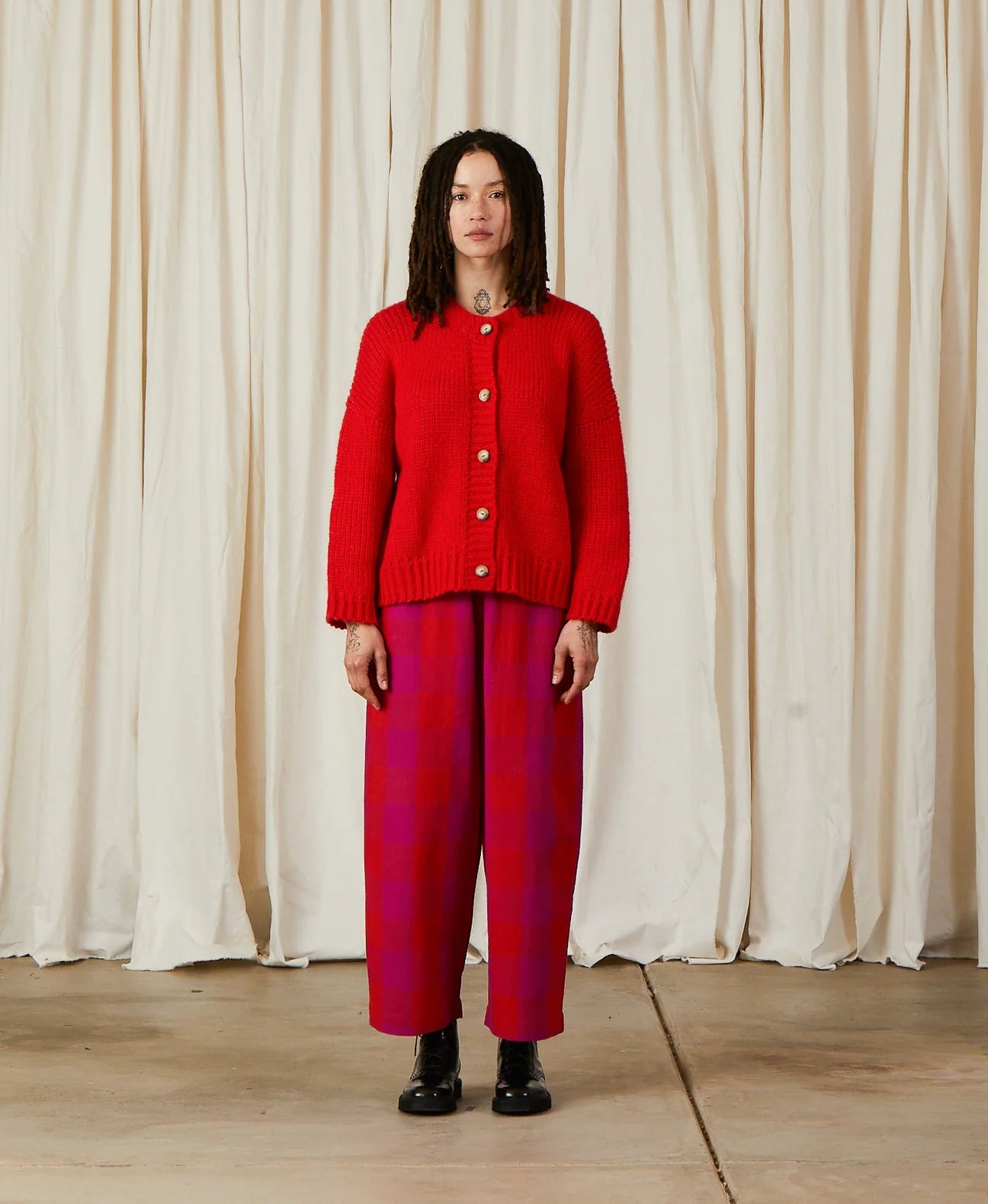 Merino Crew Neck Cardigan - Poppy