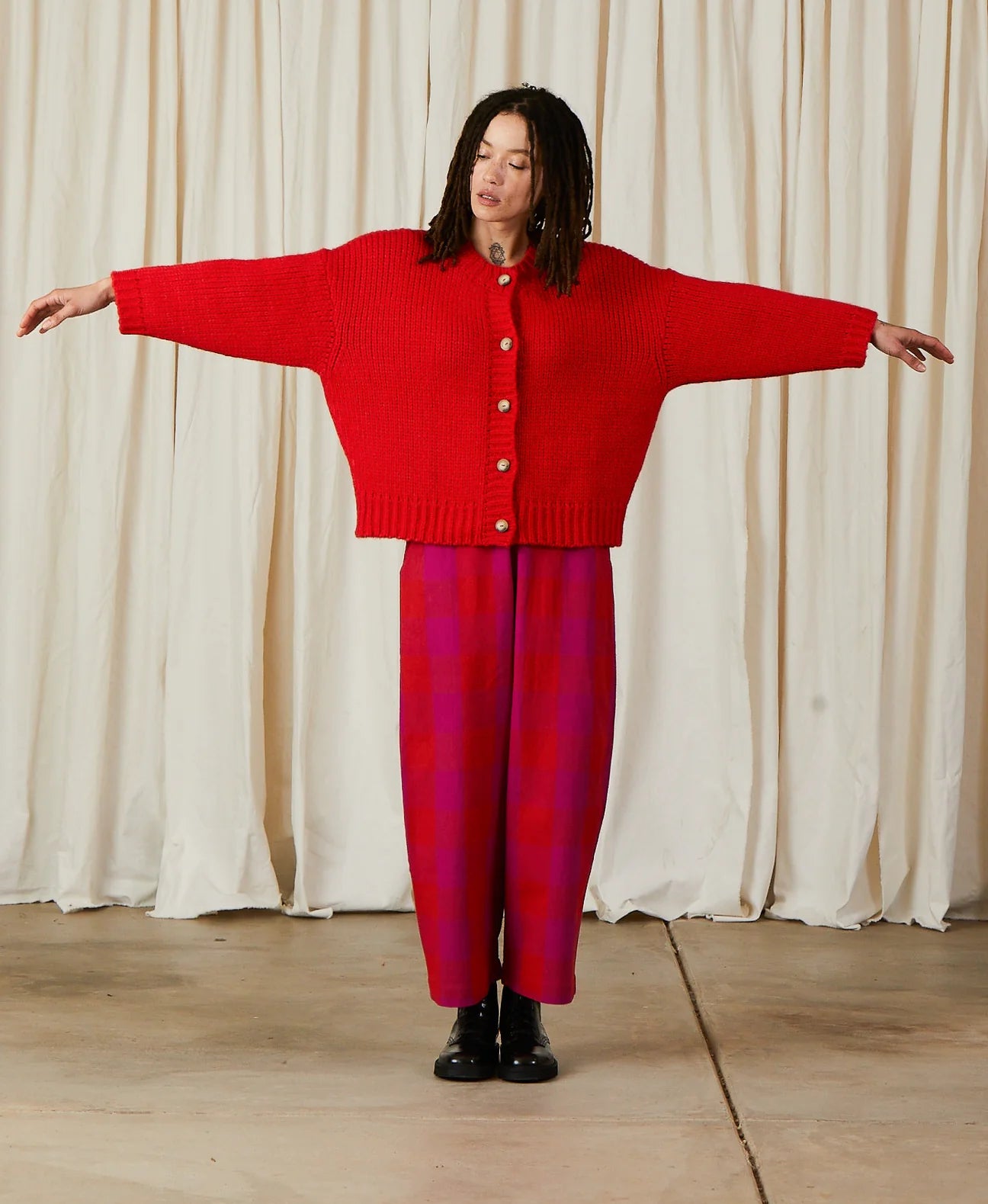 Merino Crew Neck Cardigan - Poppy