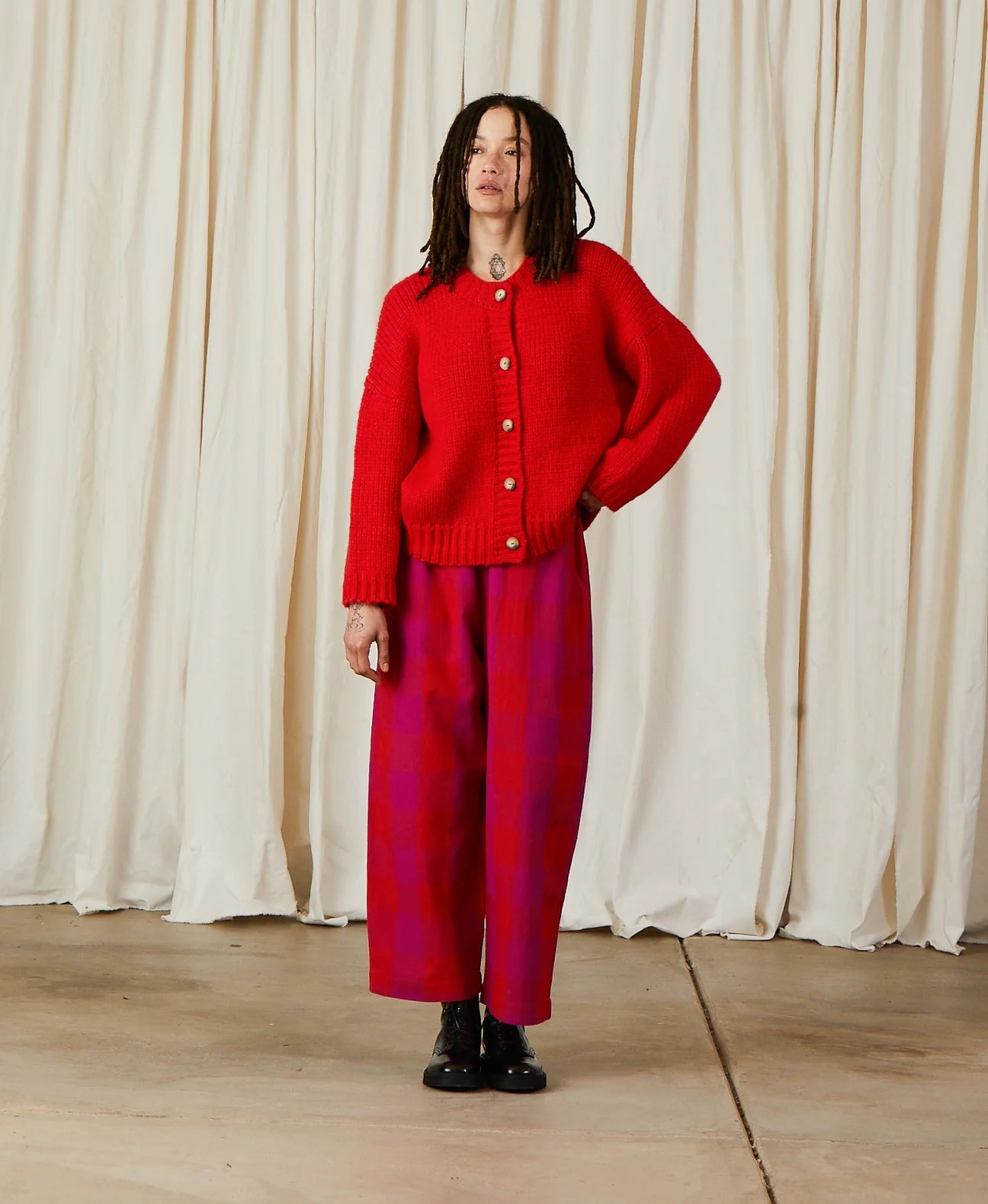 Merino Crew Neck Cardigan - Poppy
