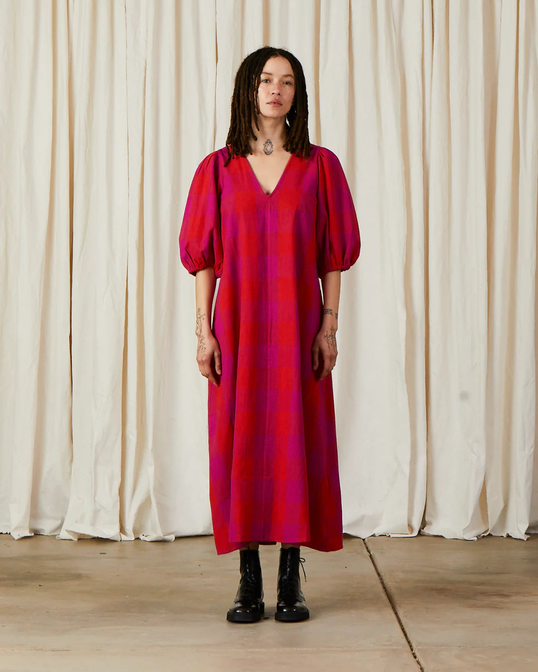 Double V-Neck Maxi Dress- Poppy/Pink Plaid