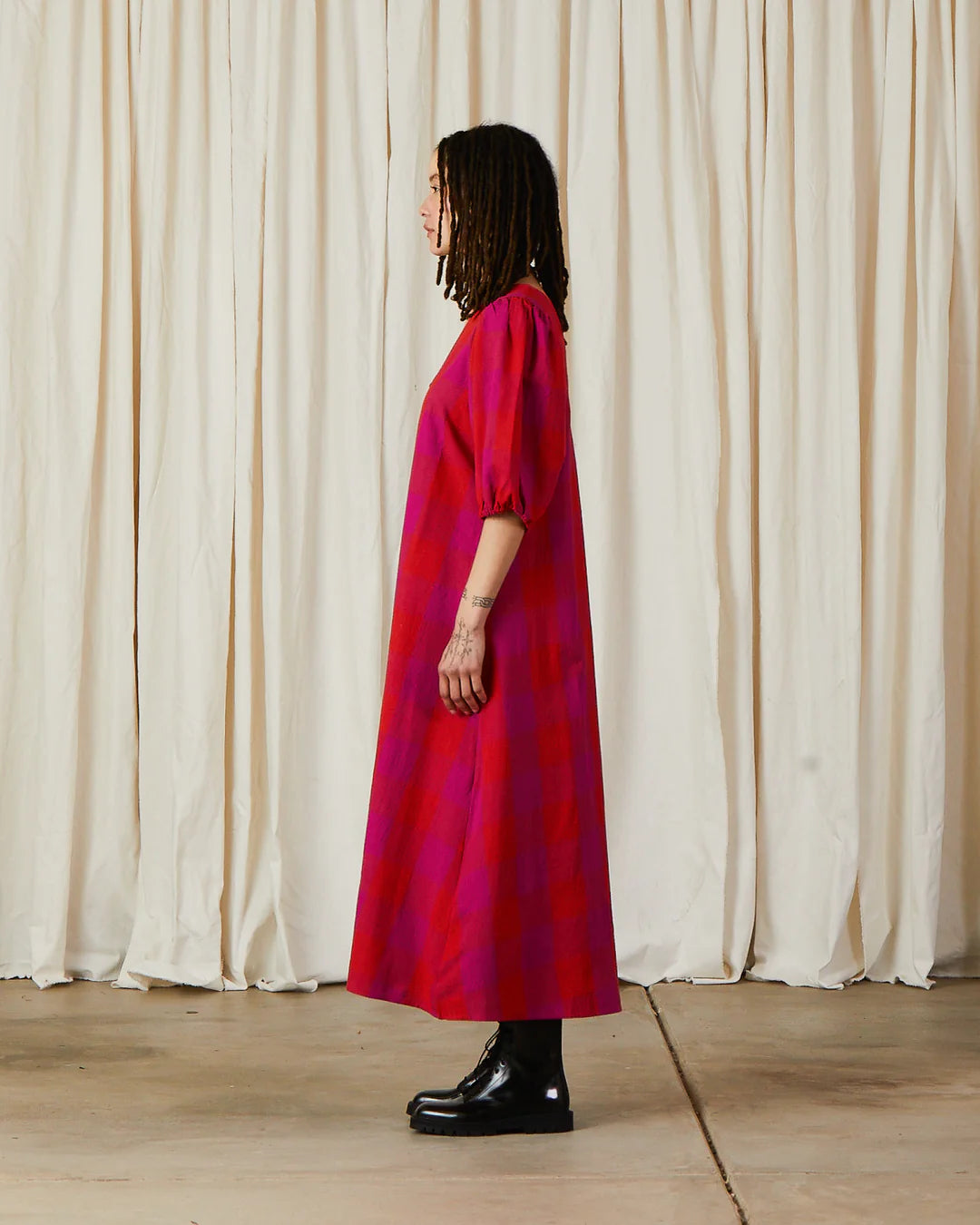 Double V-Neck Maxi Dress- Poppy/Pink Plaid