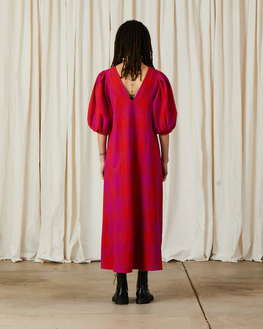 Double V-Neck Maxi Dress- Poppy/Pink Plaid