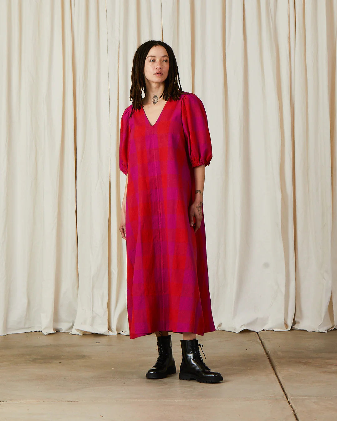 Double V-Neck Maxi Dress- Poppy/Pink Plaid