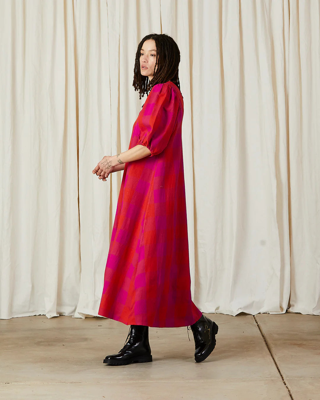 Double V-Neck Maxi Dress- Poppy/Pink Plaid