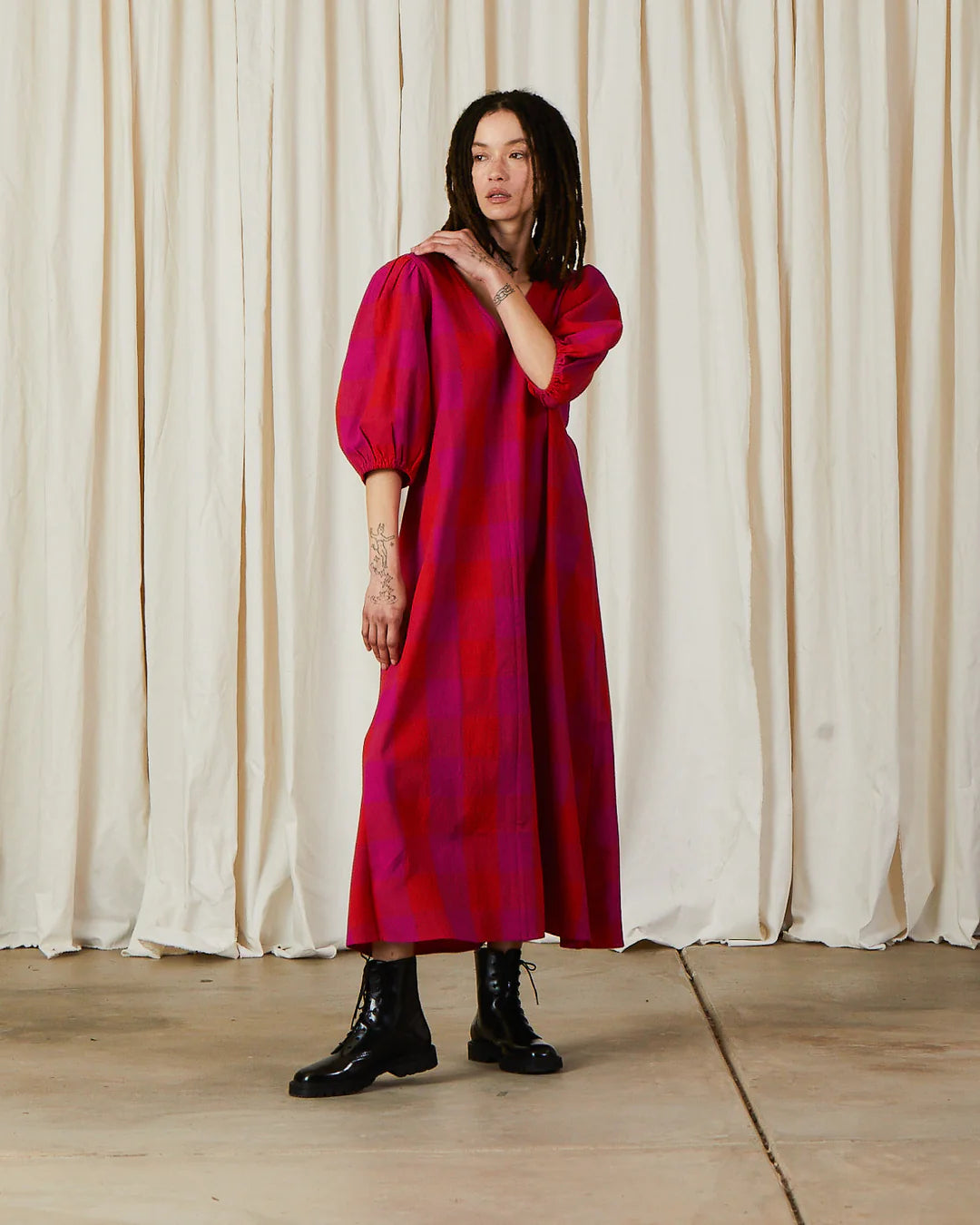 Double V-Neck Maxi Dress- Poppy/Pink Plaid