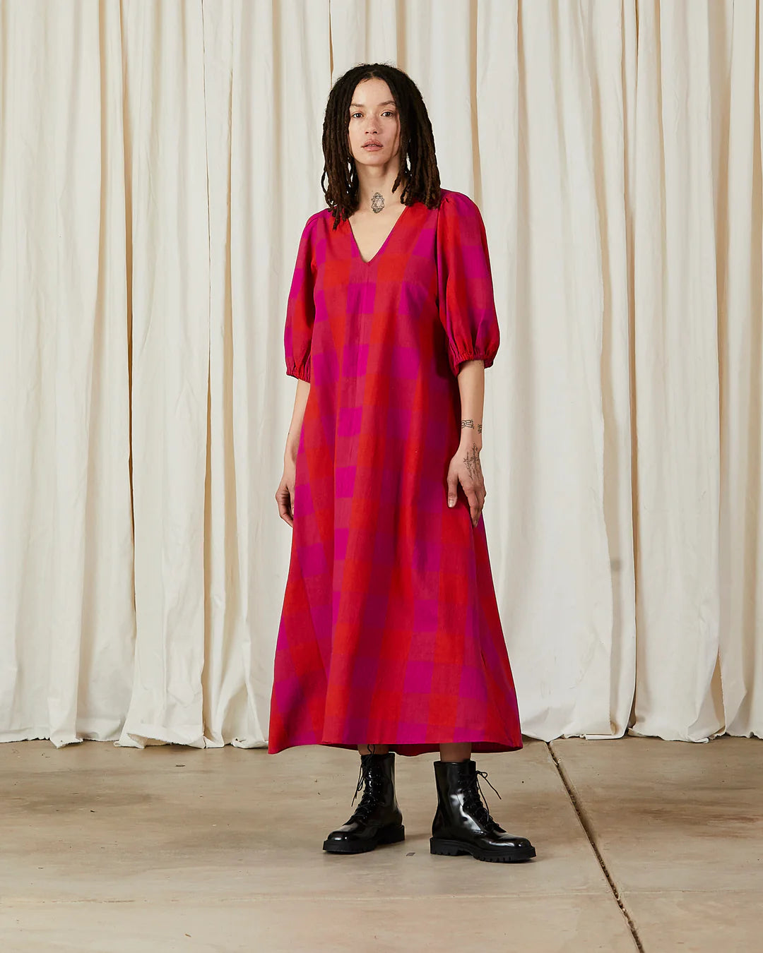 Double V-Neck Maxi Dress- Poppy/Pink Plaid