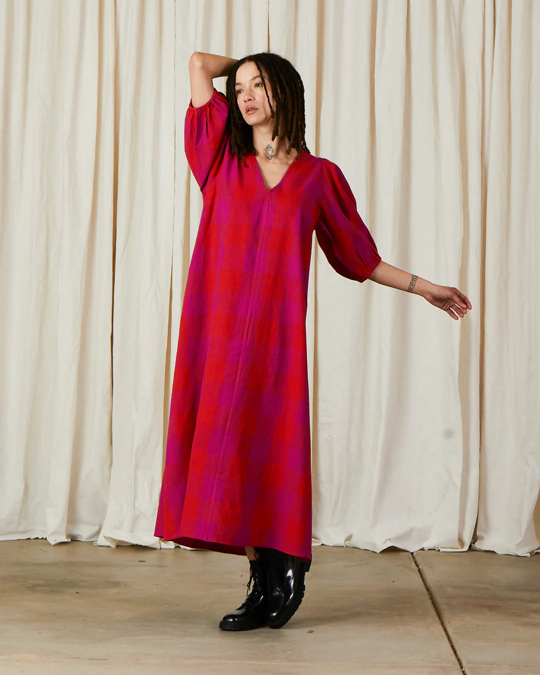 Double V-Neck Maxi Dress- Poppy/Pink Plaid
