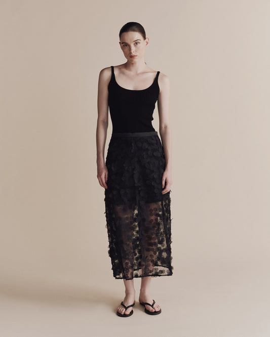 Appliqued Midi Skirt- Black