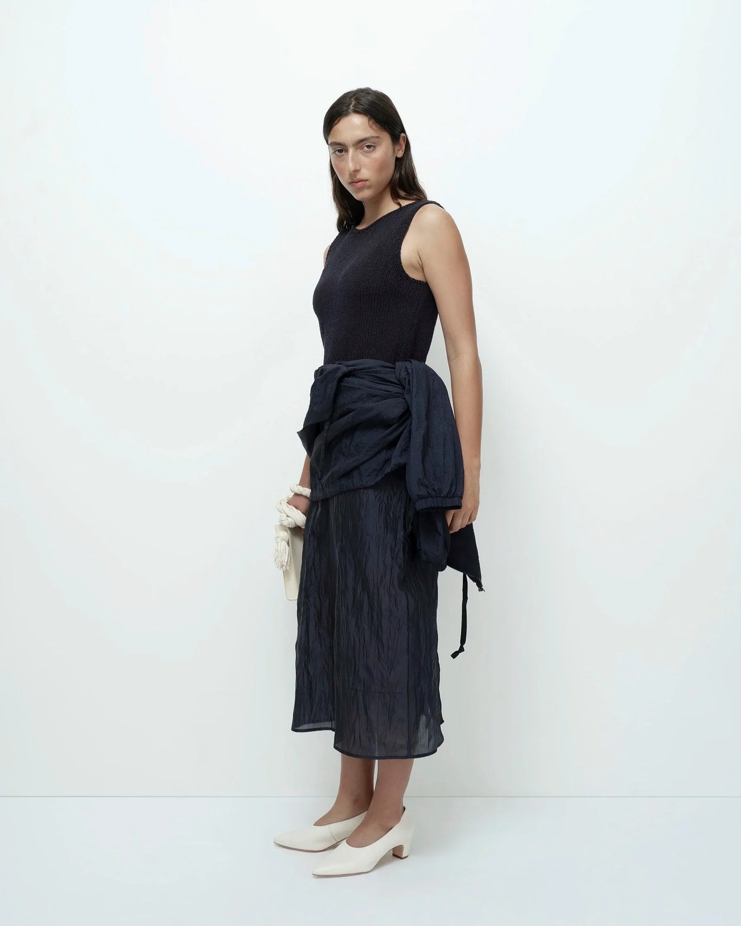 Crinkle Midi Skirt - Navy