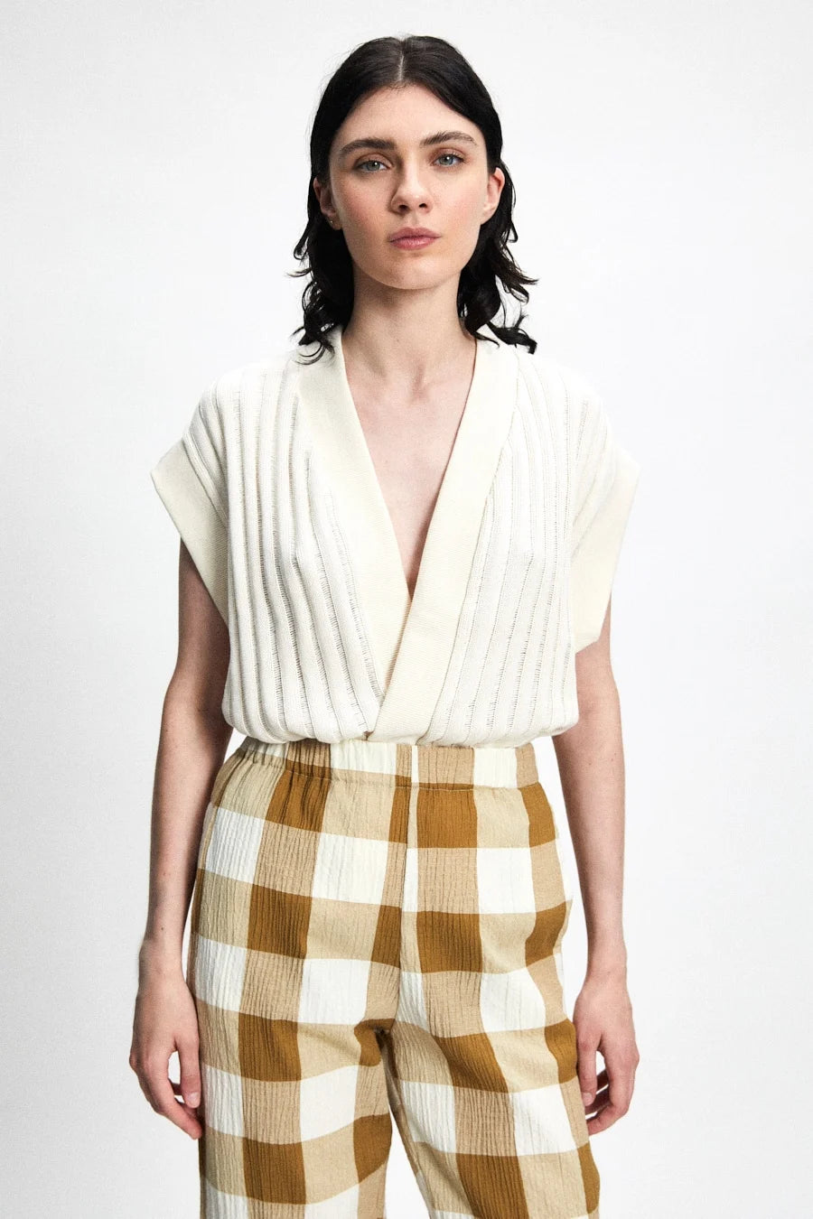 Oversized 100% cotton vest/top with Japanese short sleeves in slightly sheer loose rib knit fabric.