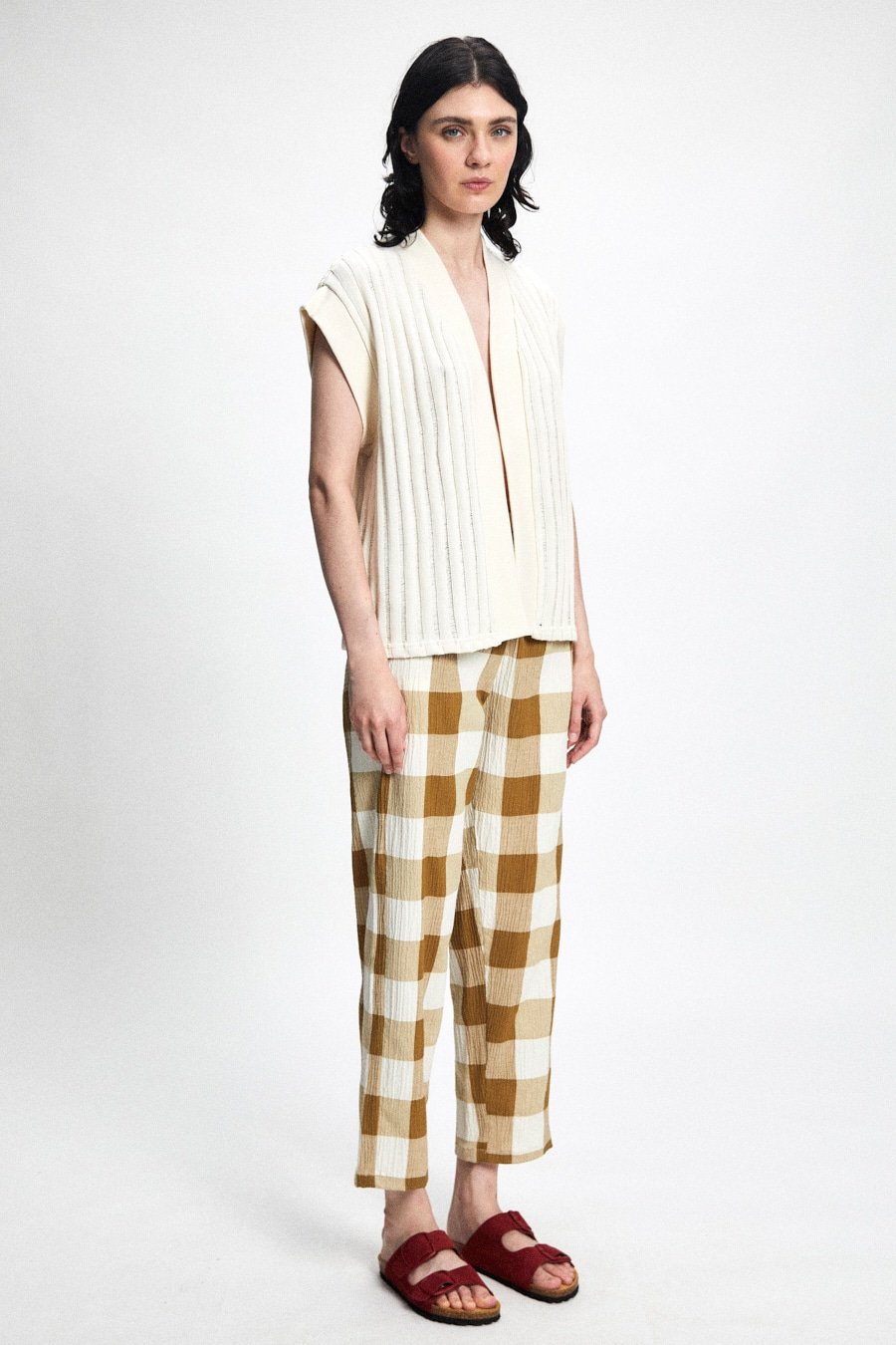 Oversized 100% cotton vest/top with Japanese short sleeves in slightly sheer loose rib knit fabric.