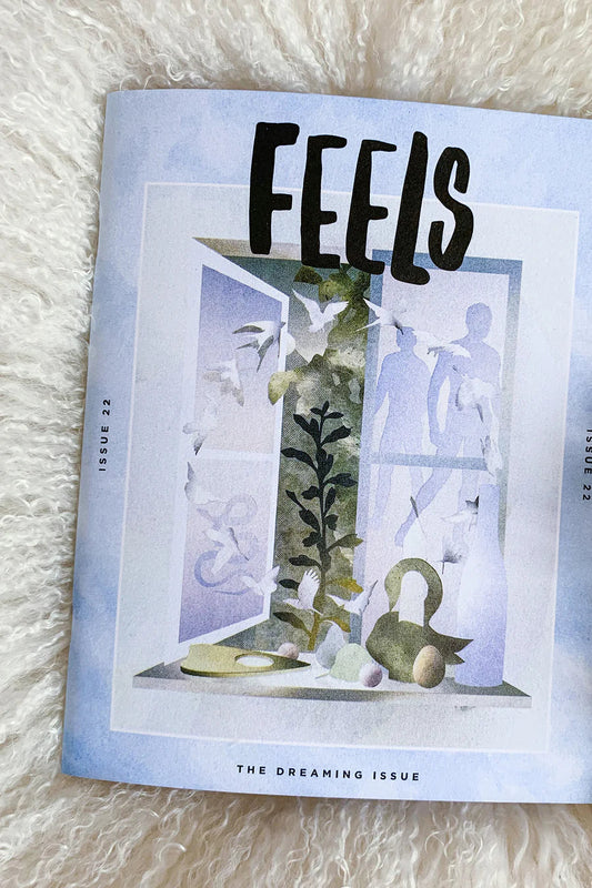 A magazine with a blue and purple cover featuring abstract art and the title 'Feels' prominently displayed.