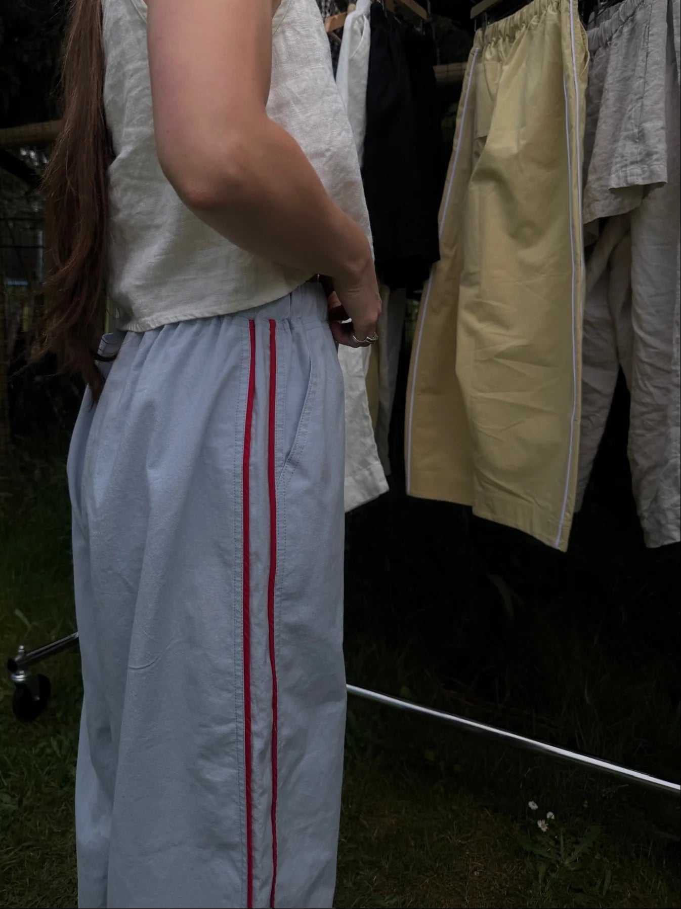 Jules Pant with Piping - Mist & Red