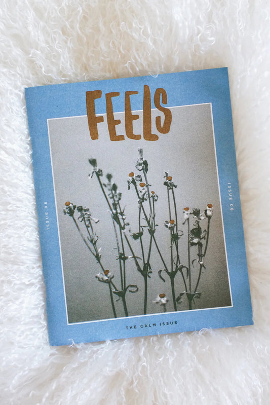 A blue-covered zine titled 'Feels' with a floral image and the text 'the calm mind' on the cover, placed on a white furry surface.