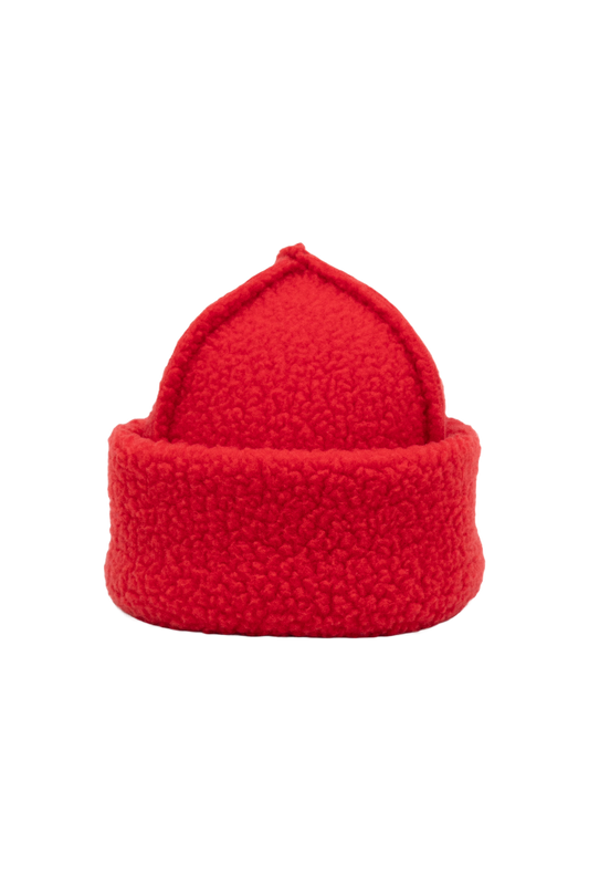 A red baby fleece toque with visible seams, designed for infants.