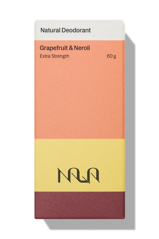 natural deodorant packaging with 'Grapefruit & Neroli' and 'Extra Strength' text on a white background