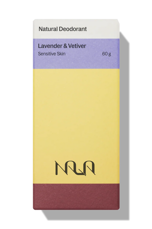 Nala natural deodorant packaging with lavender and vetiver scent on a white background