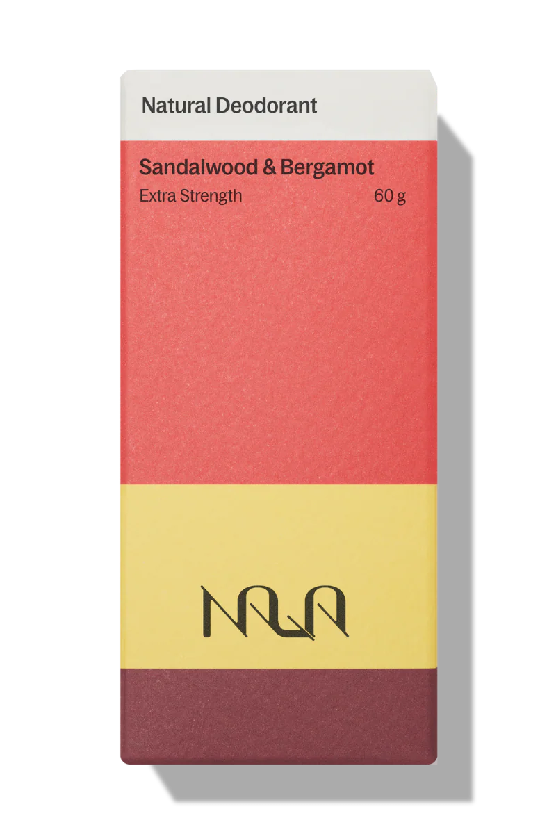 natural deodorant packaging with sandalwood and bergamot scent on a white background