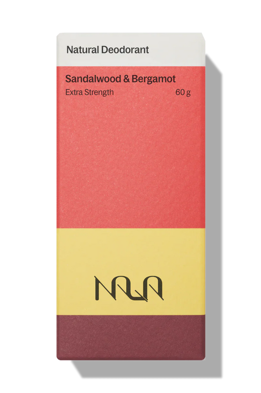 natural deodorant packaging with sandalwood and bergamot scent on a white background