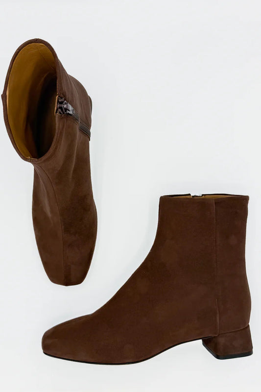 Brown suede square toe ankle boots with a 1 ½" covered heel from LoQ with a side zipper on a white background