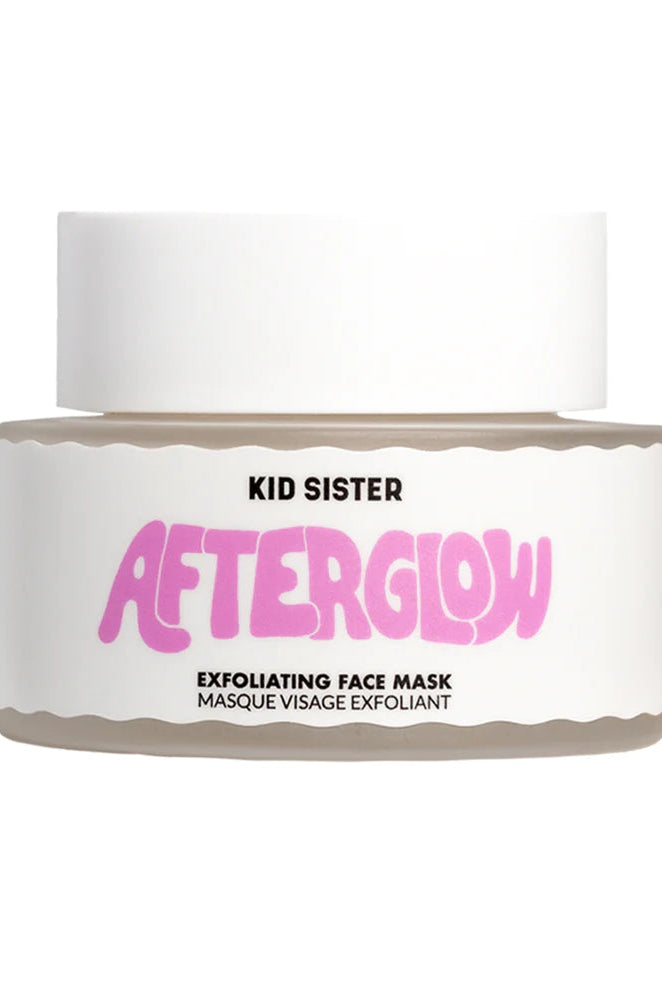 A jar of 'Afterglow Exfoliating Face Mask' with pink and black label, white background.