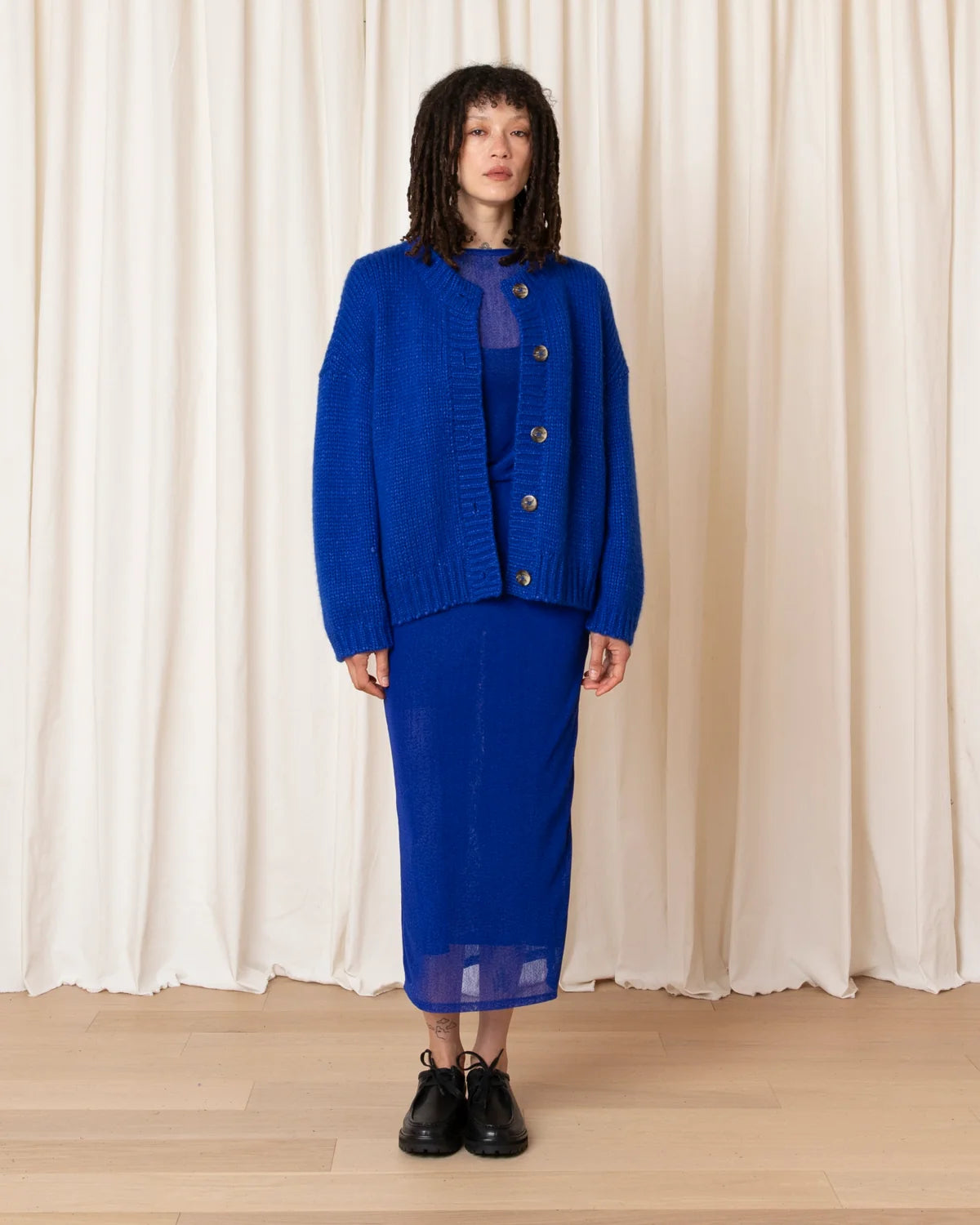 Merino Crew Neck Cardigan - Cobalt