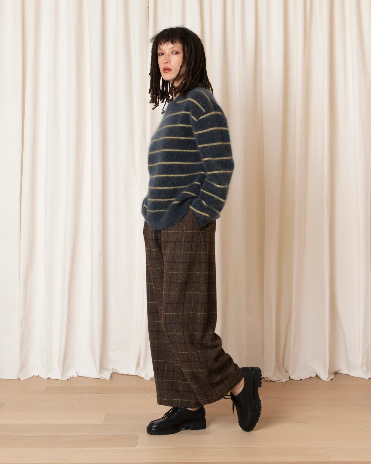 Wool Loose Barrel Pant - Taupe Multicolour Plaid