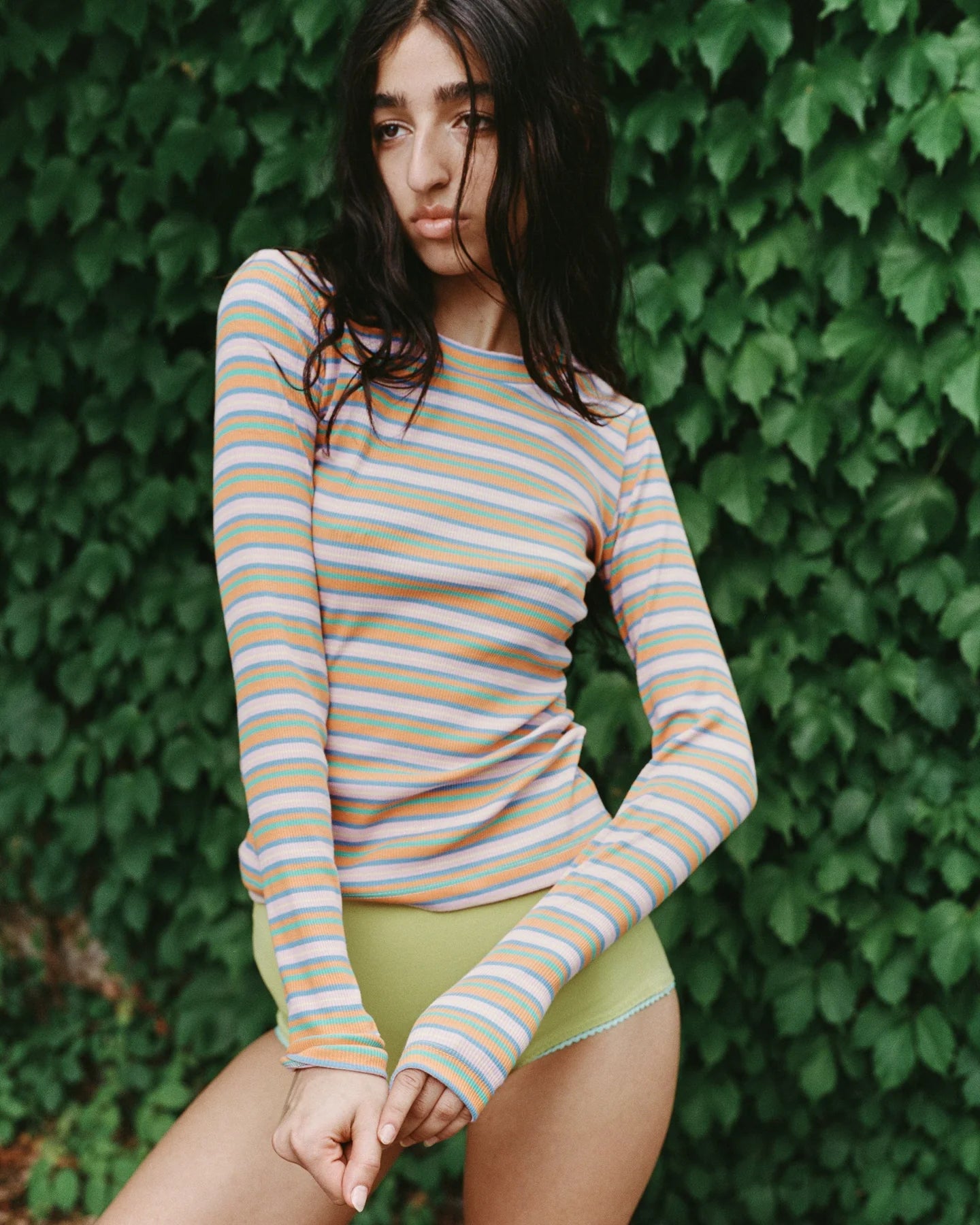 soft cotton rib knit fabric and pink stripe detail on the Jamie Top by Eliza Faulkner — sustainable women's tops at Ånde