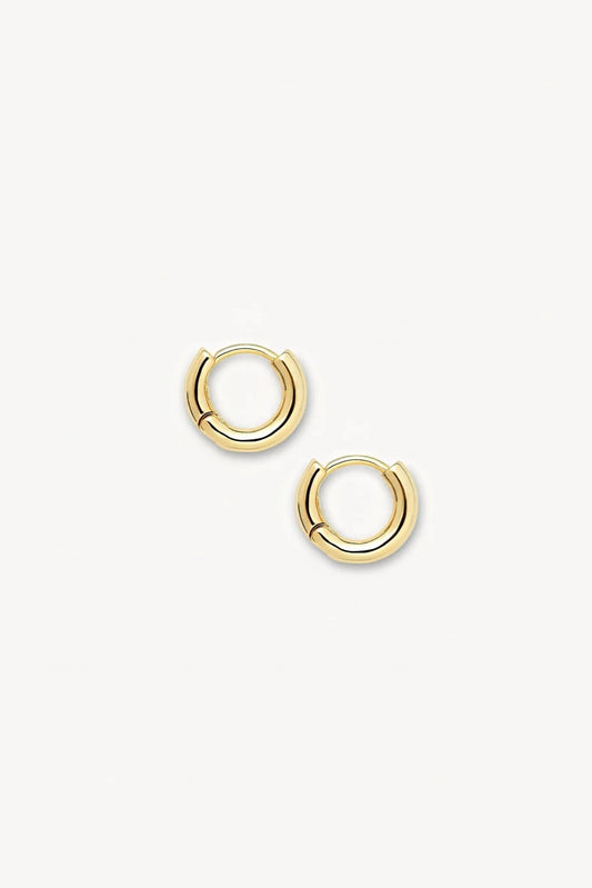 A pair of gold-colored hoop earrings with a hinge closure on a white background.