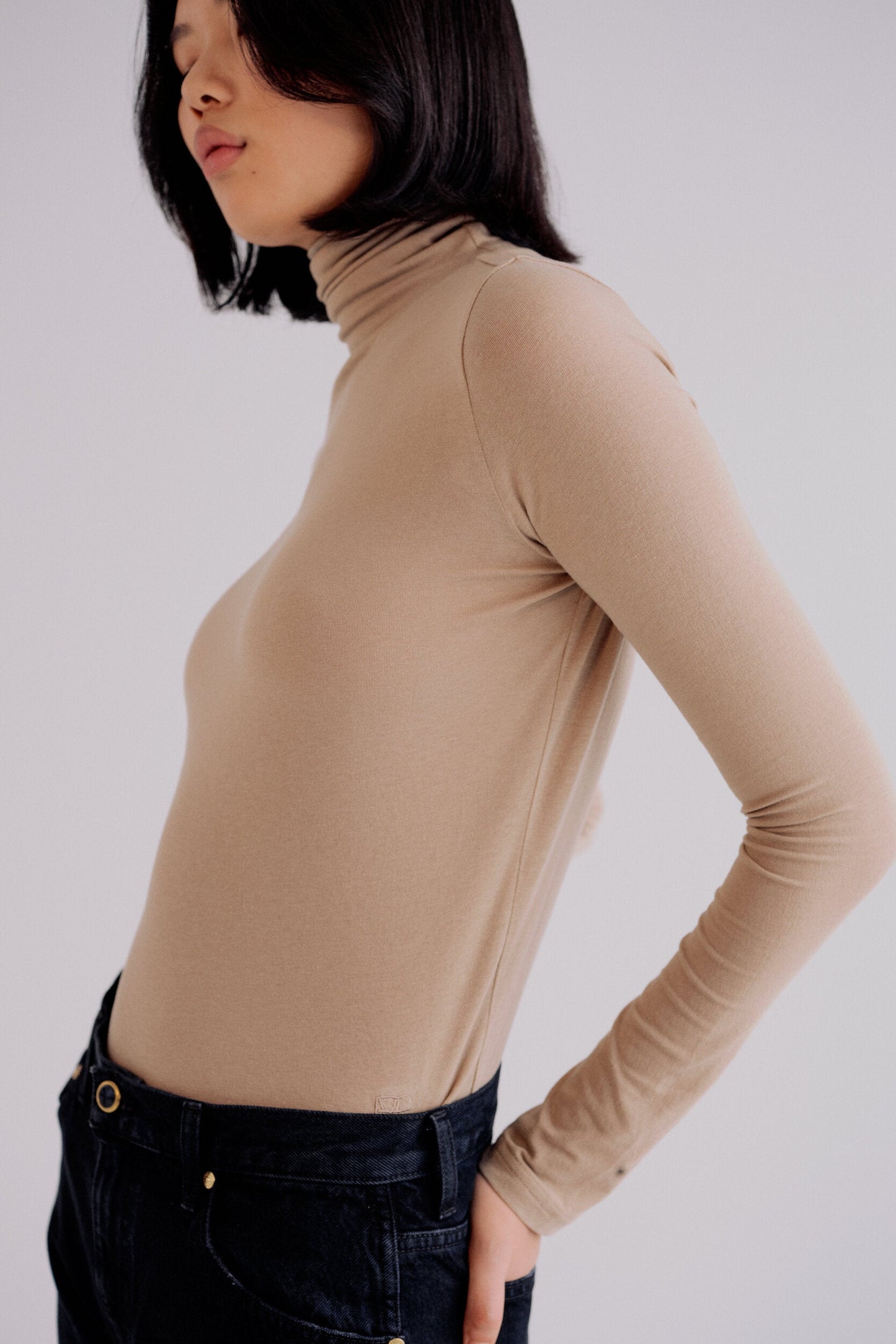 Roll Neck Jersey Top- Taupe