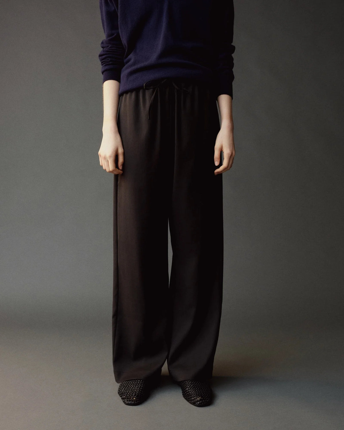 Wool Blend Drawstring Pants - Black