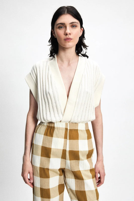 Oversized 100% cotton vest/top with Japanese short sleeves in slightly sheer loose rib knit fabric.