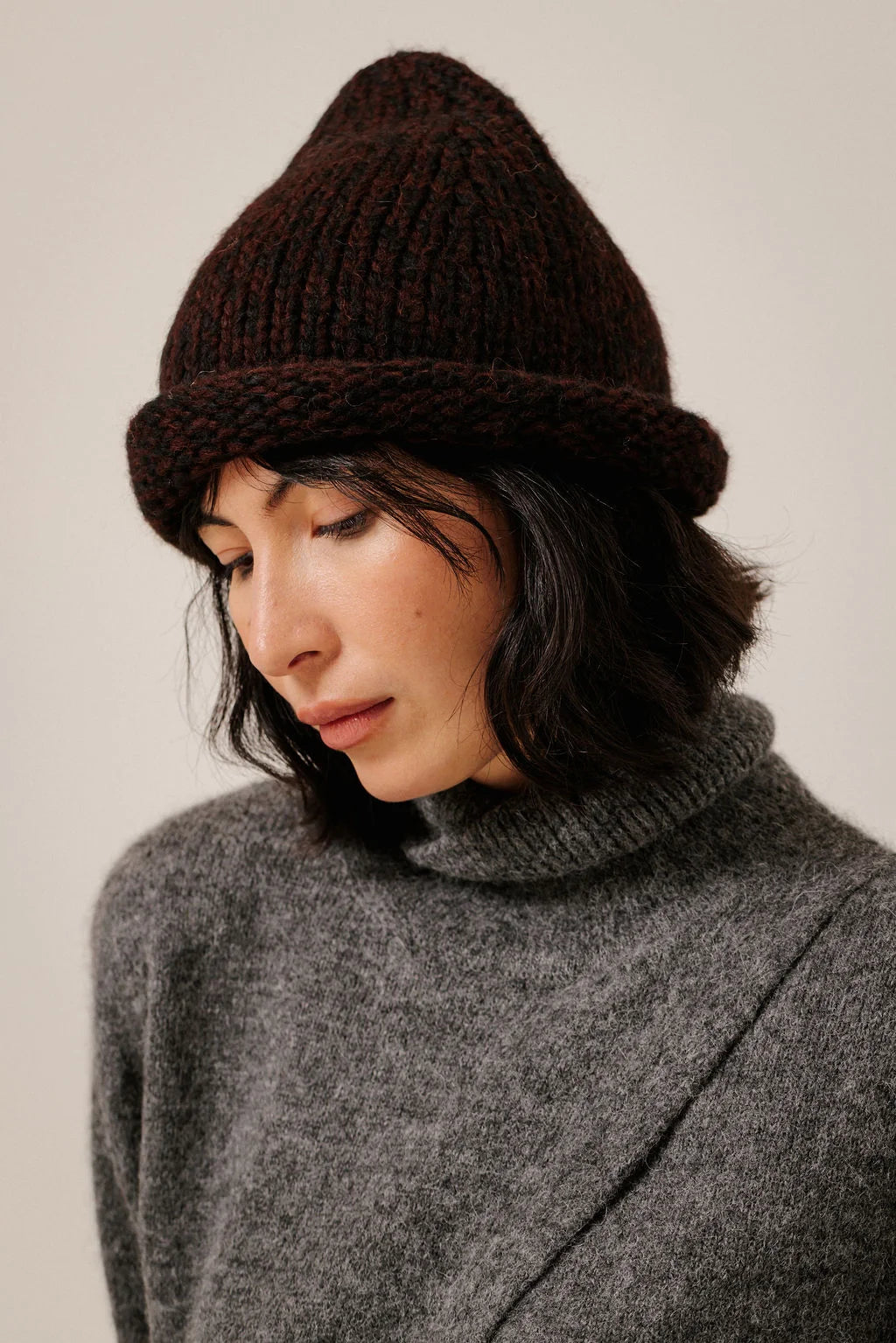 Baby Alpaca Roll Hat - Maroon Marl
