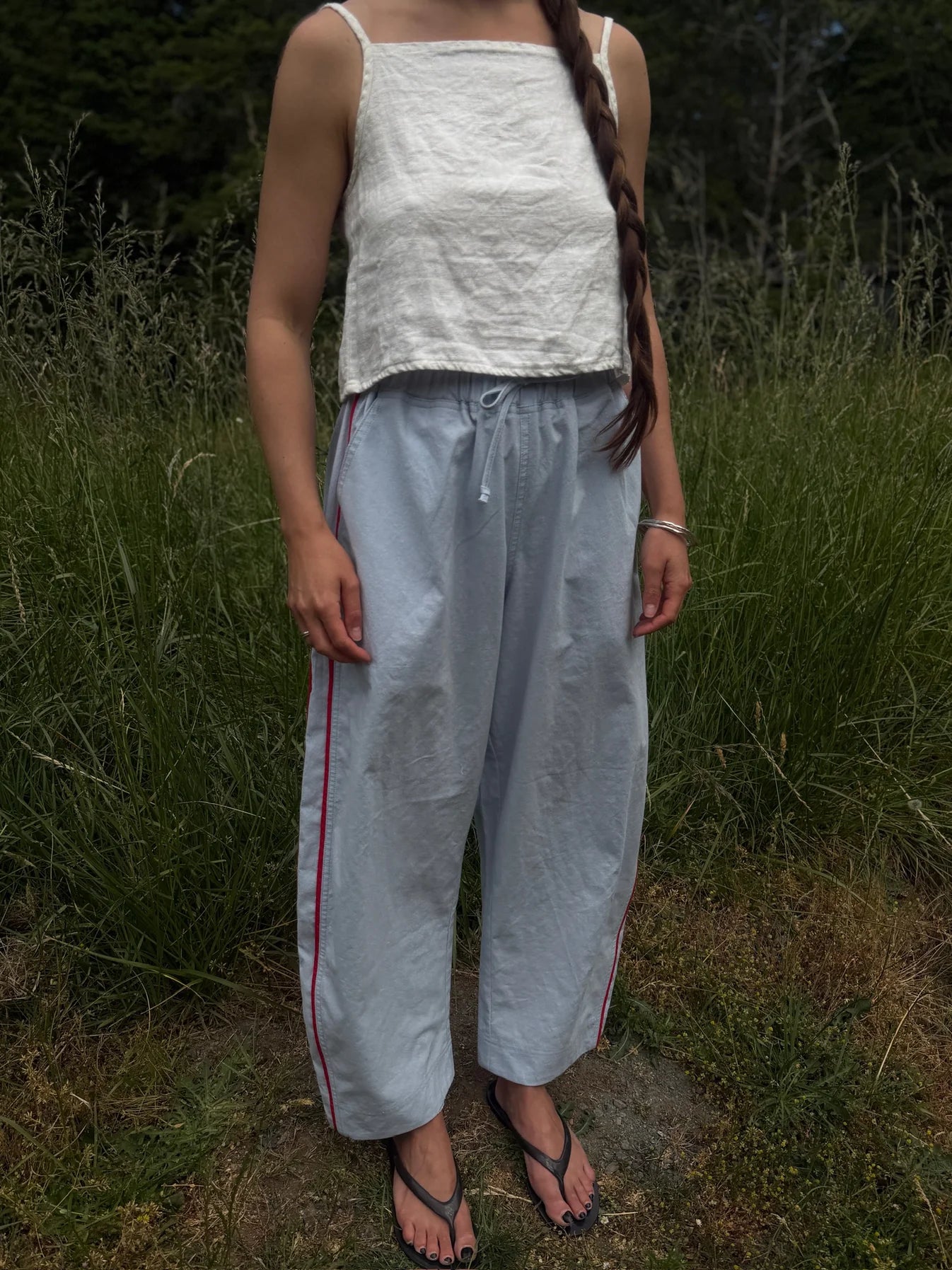 Jules Pant with Piping - Mist & Red