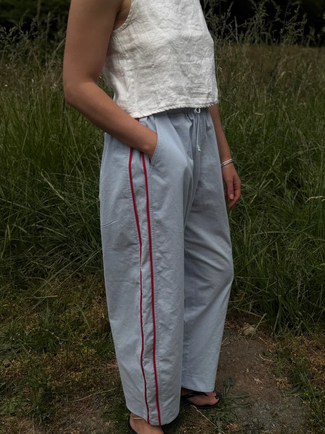 Jules Pant with Piping - Mist & Red