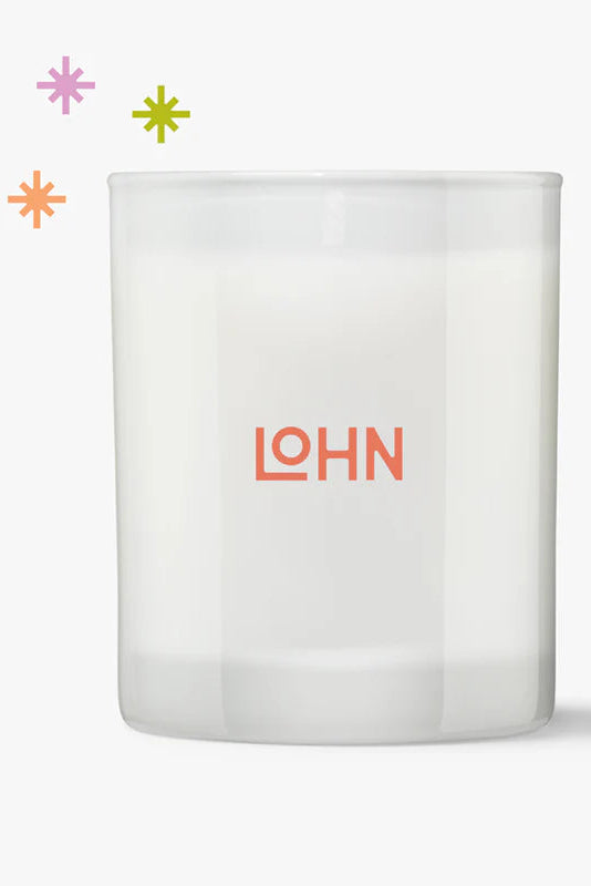 White candle with 'LOHN' logo on a white background