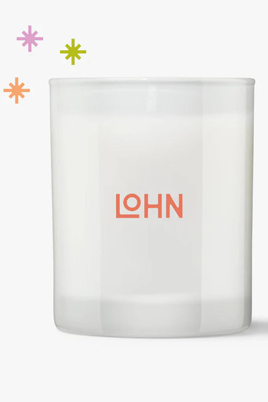 White candle with 'LOHN' logo on a white background