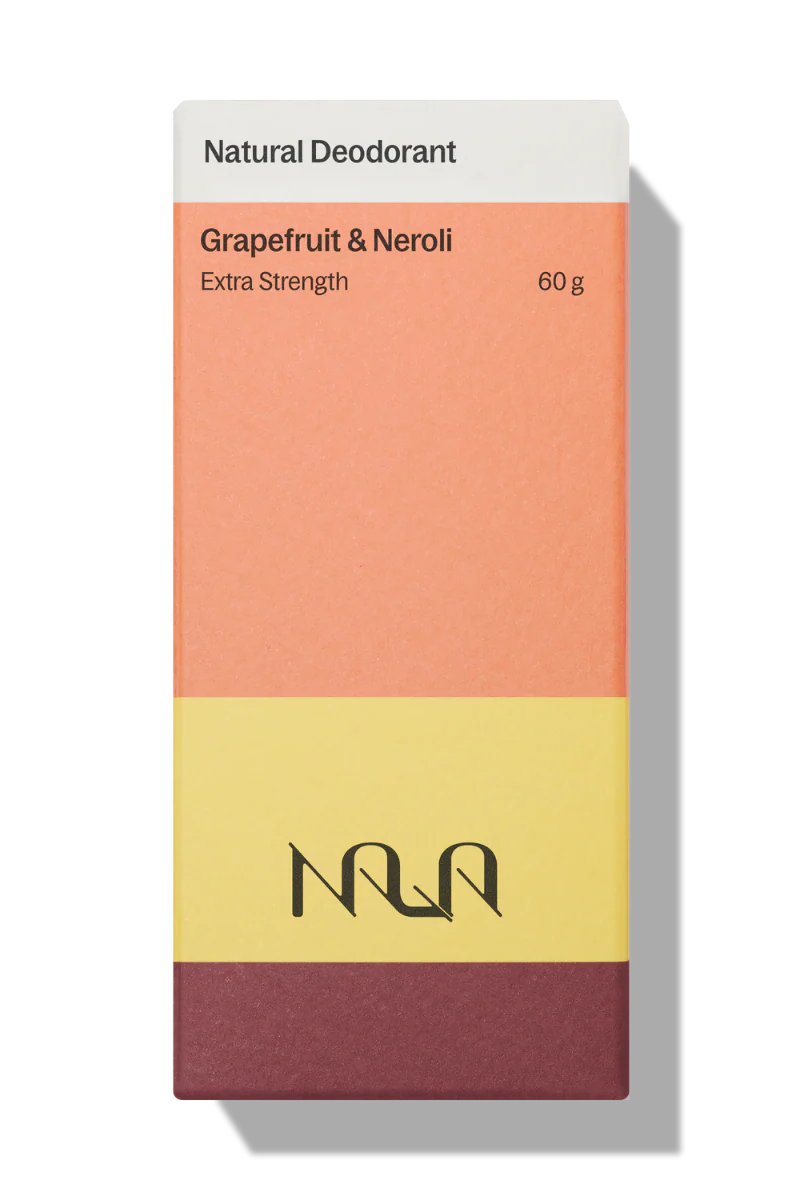 natural deodorant packaging with 'Grapefruit & Neroli' and 'Extra Strength' text on a white background