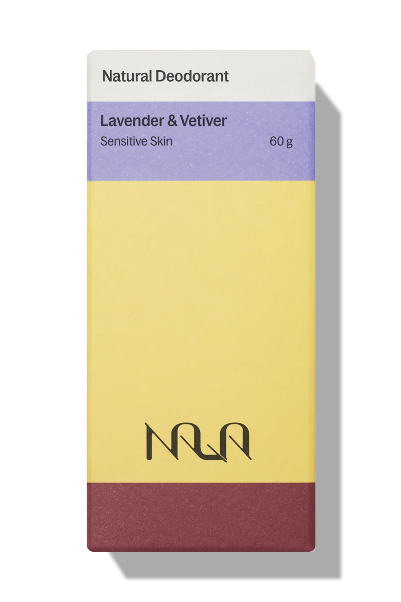 Nala natural deodorant packaging with lavender and vetiver scent on a white background