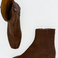 Brown suede square toe ankle boots with a 1 ½" covered heel from LoQ with a side zipper on a white background
