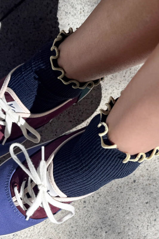The Petite Ruffled Modal Socks - Navy/ Butter