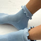 Ruffled Hugger Crew Socks - Periwinkle + Red