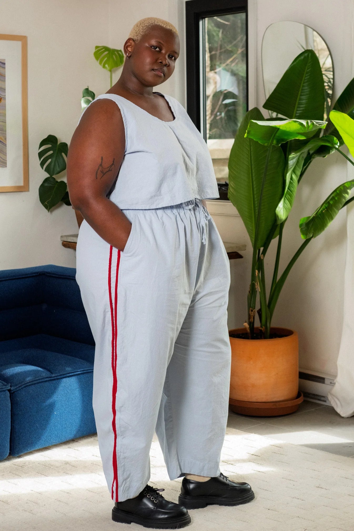 Jules Pant with Piping - Mist & Red