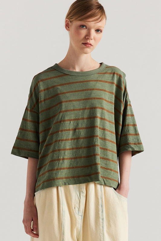 Obelisk Feeder Stripe Tee Olive/Tan Stripe