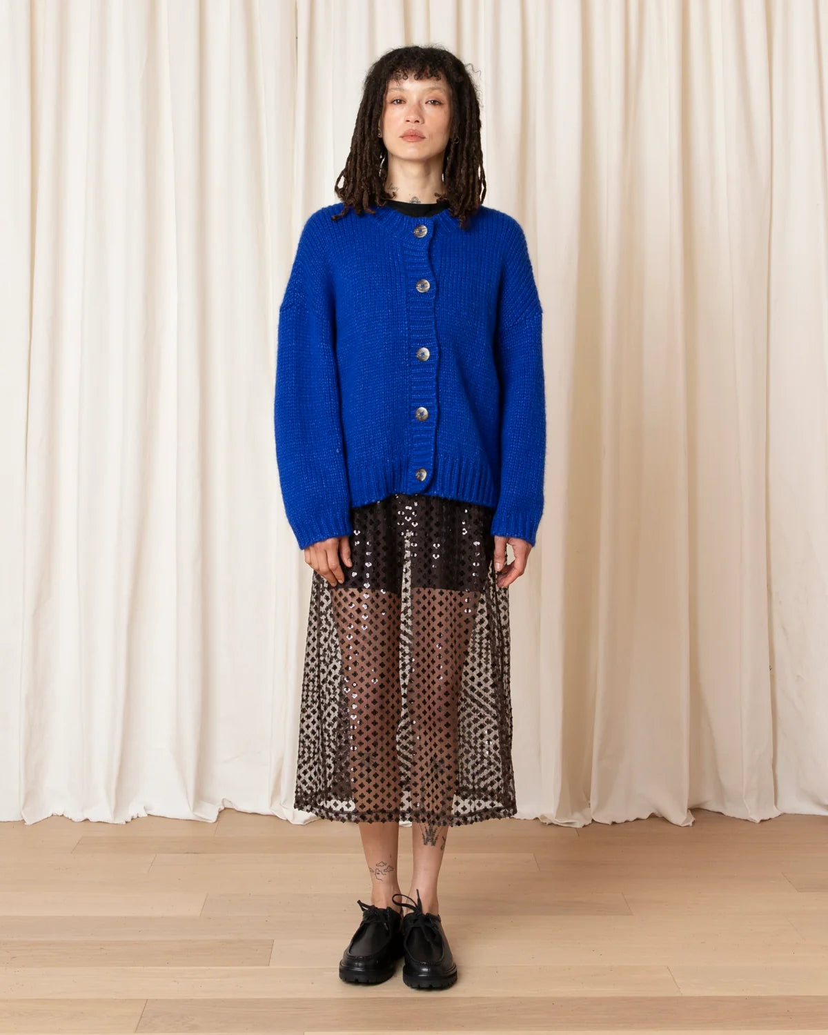 Merino Crew Neck Cardigan - Cobalt