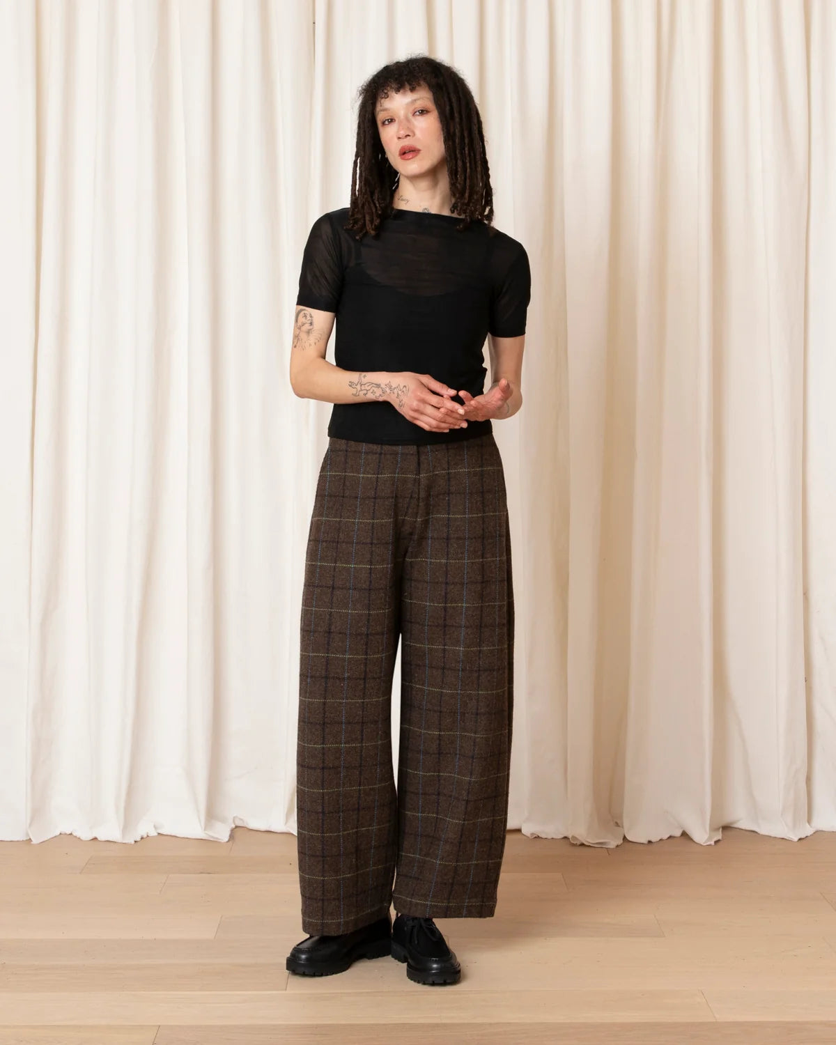 Wool Loose Barrel Pant - Taupe Multicolour Plaid