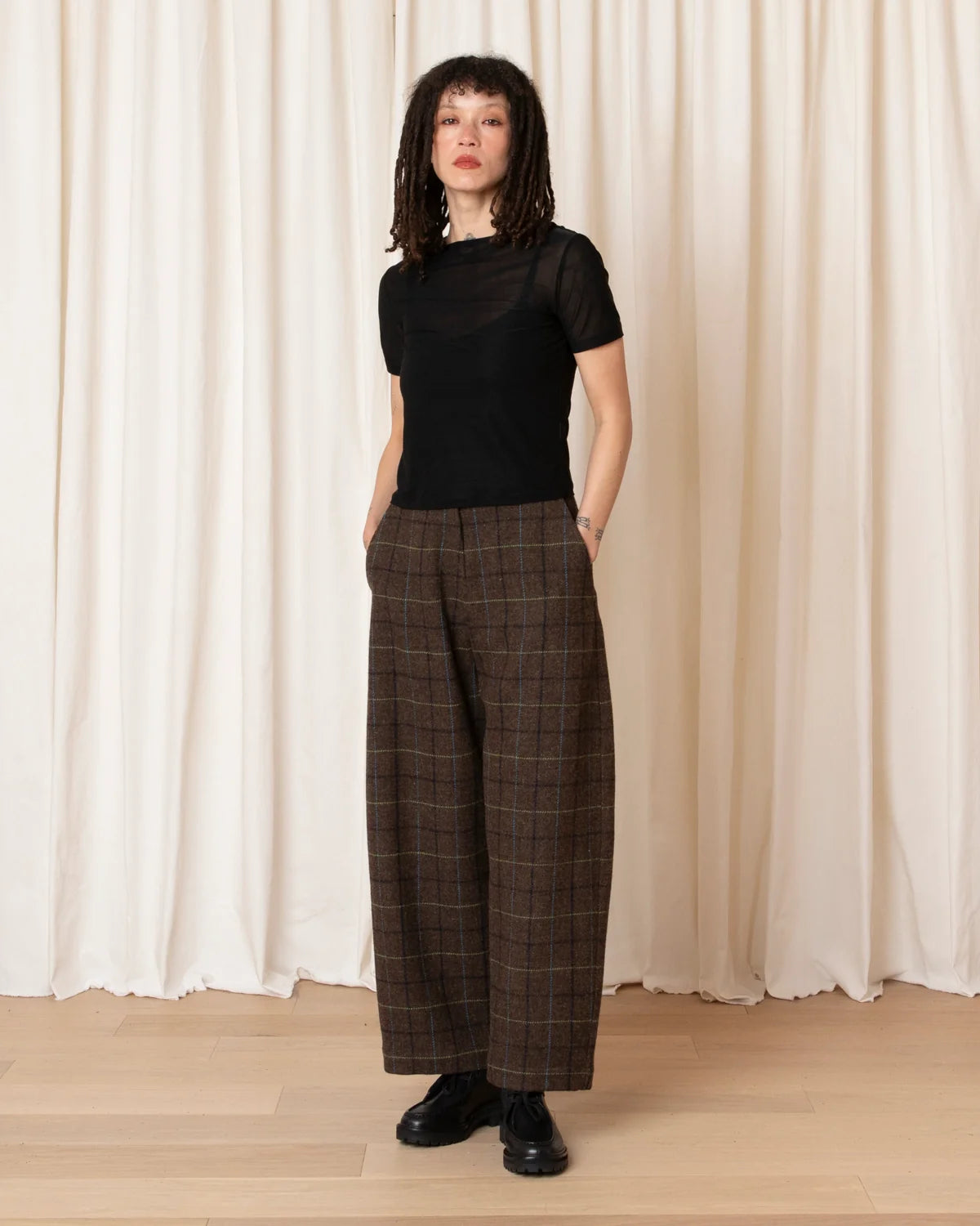 Wool Loose Barrel Pant - Taupe Multicolour Plaid