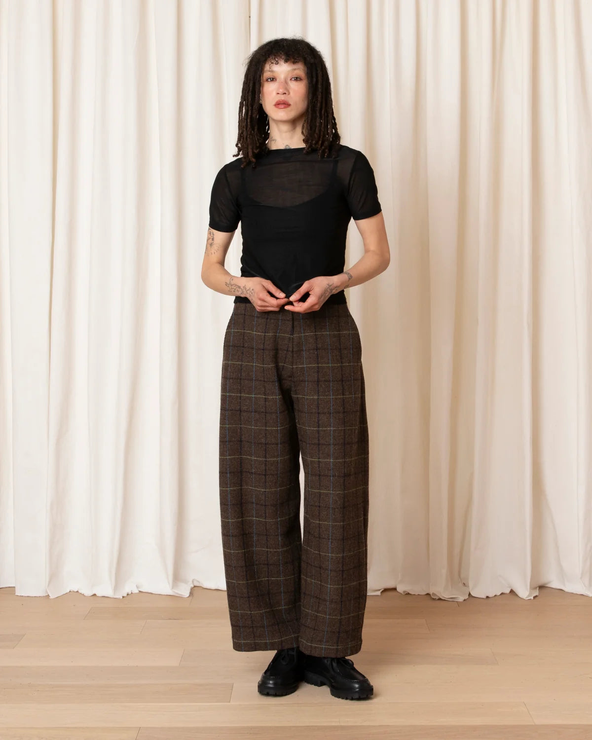 Wool Loose Barrel Pant - Taupe Multicolour Plaid