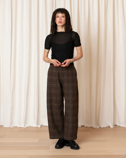 Wool Loose Barrel Pant - Taupe Multicolour Plaid