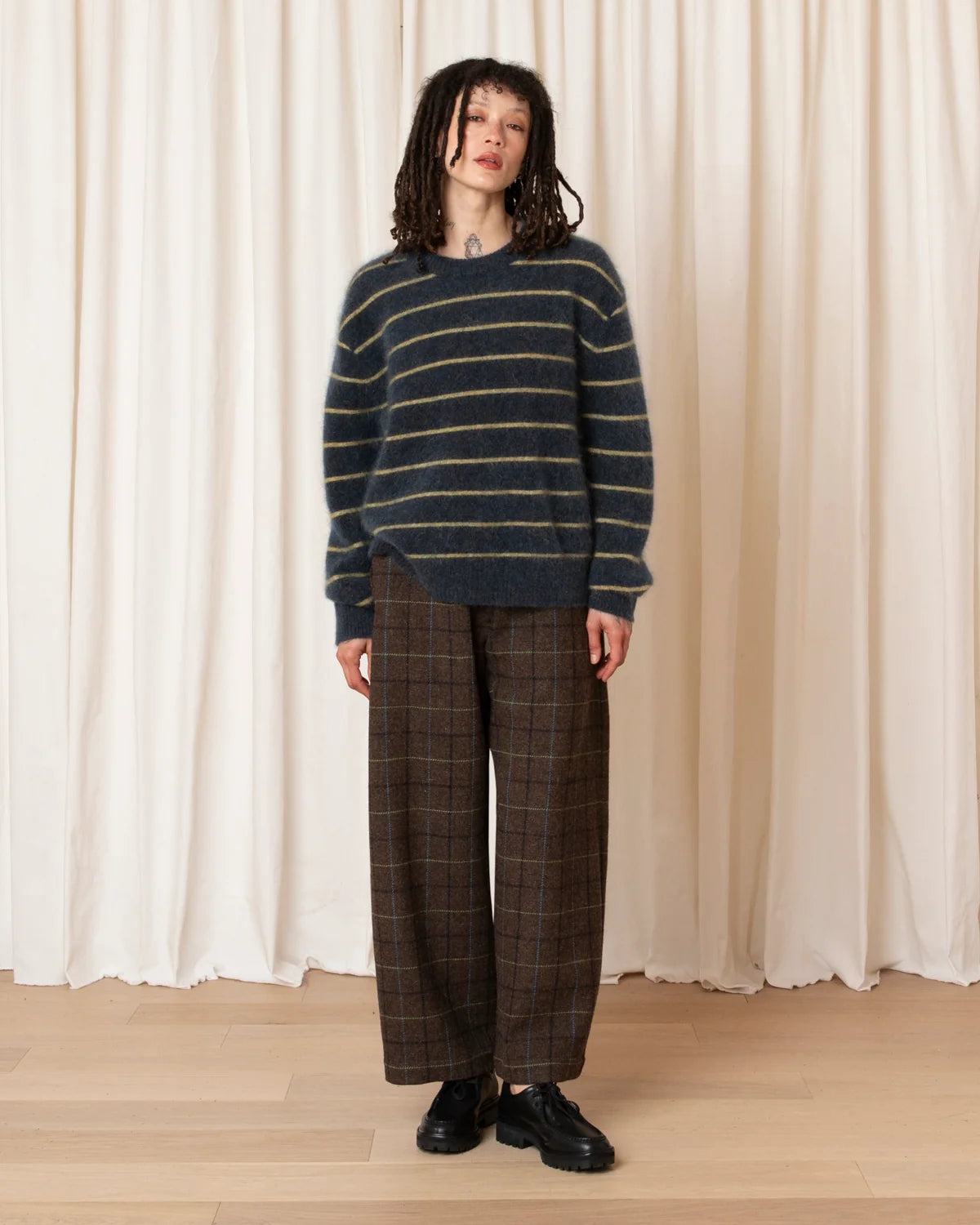 Wool Loose Barrel Pant - Taupe Multicolour Plaid